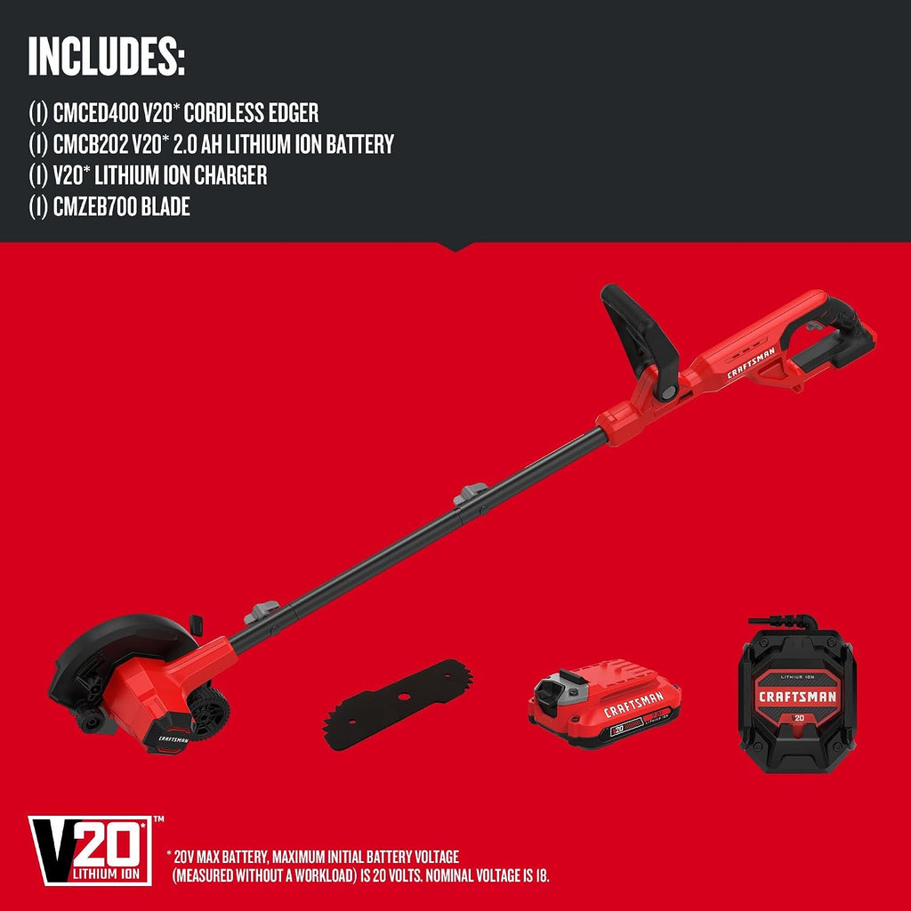 CRAFTSMAN Cordless Edger Lawn Tool, 20V MAX Battery, Charger and Blade Included, Lightweight Lawn Edger, 7.5 in Cutting Width, 1000 Ft of Edging per Charge (CMCED400D1)