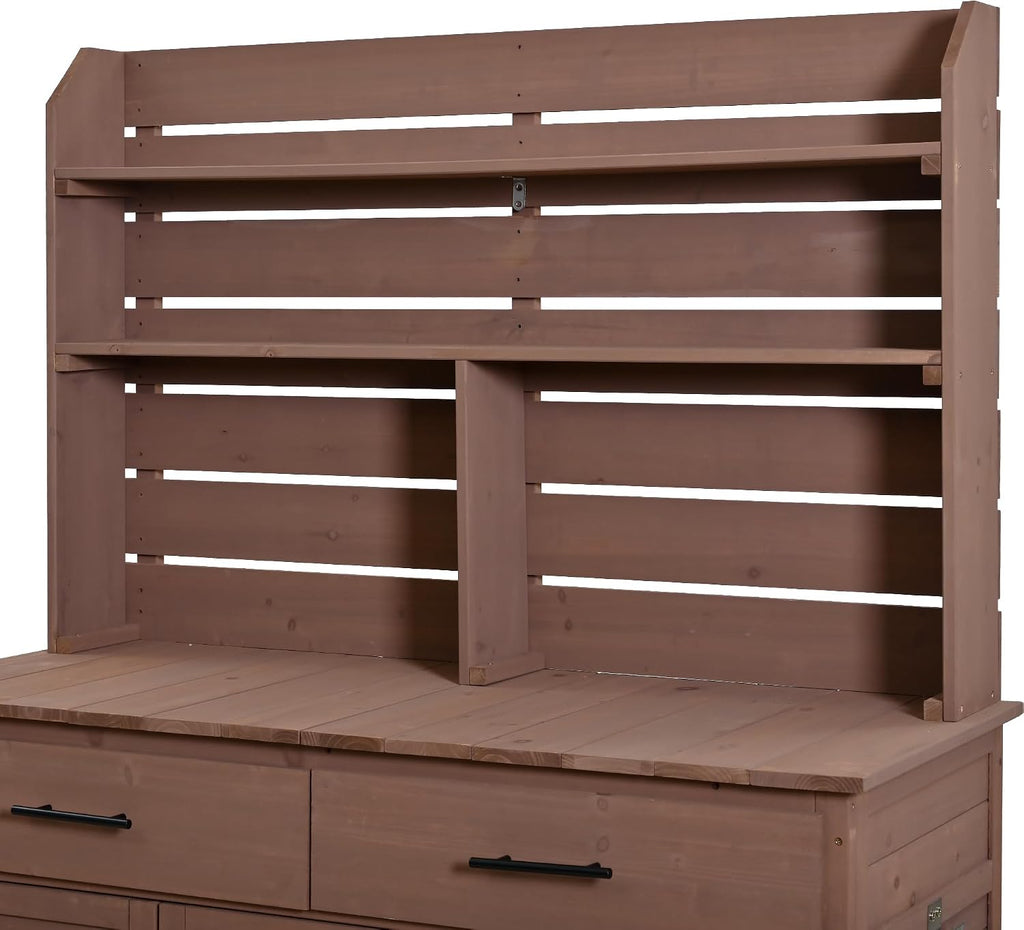65''H Large Garden Potting Bench with Lockable Wheels and Storage,Wood Outdoor Kitchen Island Prep Cart with Hutch Top,Drawers and Removal Shelves for Grilling (Brown-LG)
