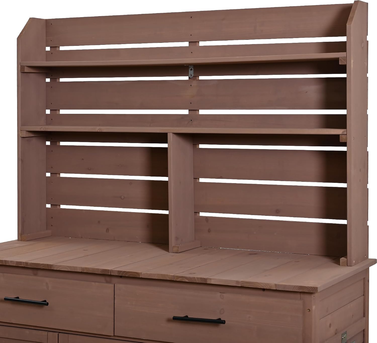 65''H Large Garden Potting Bench with Lockable Wheels and Storage,Wood Outdoor Kitchen Island Prep Cart with Hutch Top,Drawers and Removal Shelves for Grilling (Brown-LG)