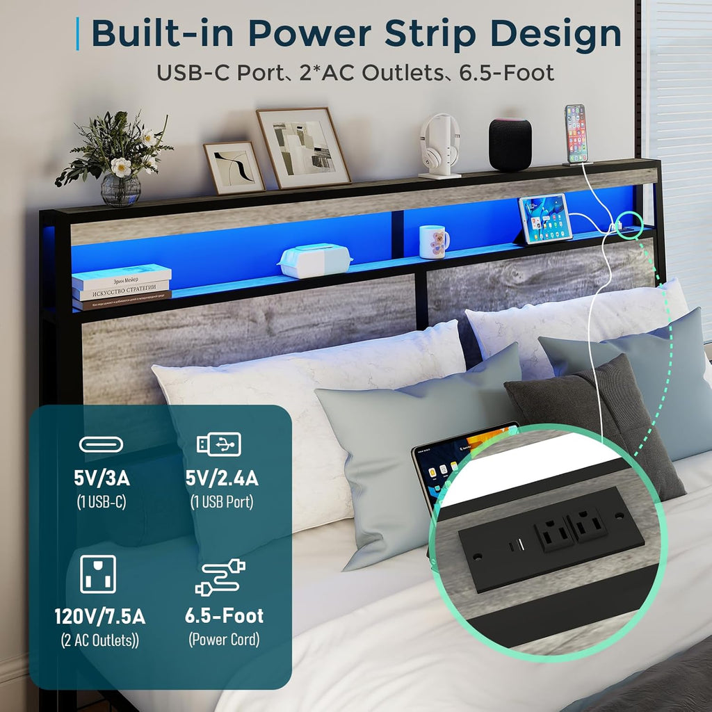 SADENICEL King Size Bed Frame with Storage Headboard, Metal Platform King Bed Frame Wood with 4 Drawers, LED Light, Charging Station, No Box Spring Needed, Noise Free, Easy Assembly, Grey