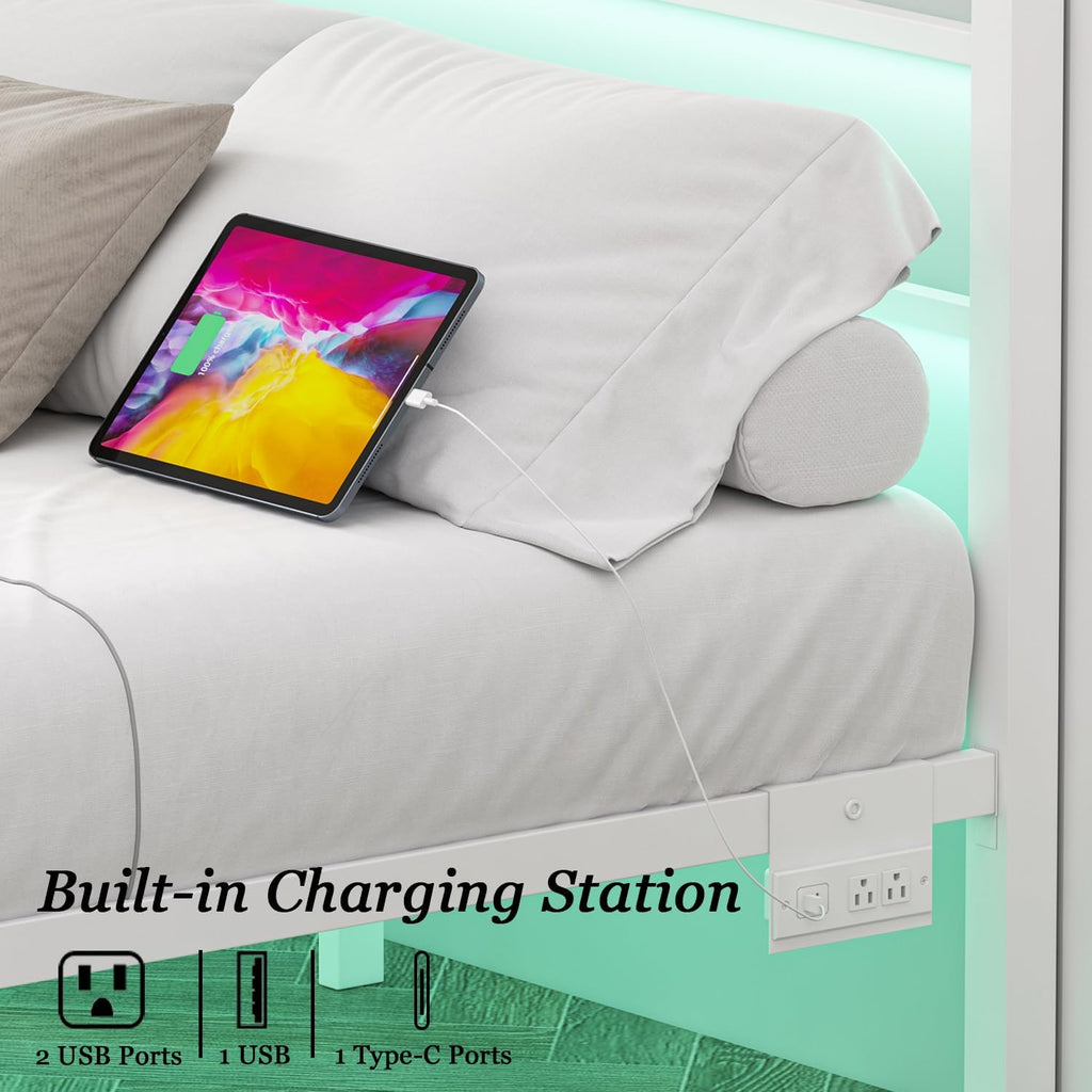 Jenmit Full Size Bed Frame with Charging Station & LED Lights,Full Metal Platform Bed Frame with Headboard and Footboard, Storage Space Under Bed,No Box Spring Needed,Noise Free, Easy Assembly, White