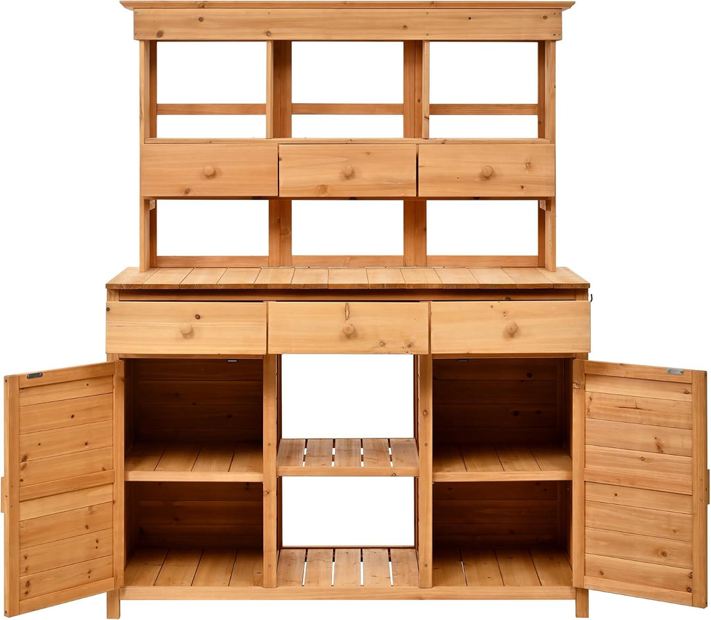 SOFTSEA Patio Storage Potting Bench Table with 6 Drawers, 65.7'' H Tall Garden Workstation with 3 Shelves, Outdoor Kitchen Island with 2 Bottom Cabinets & Side Hooks, Natural