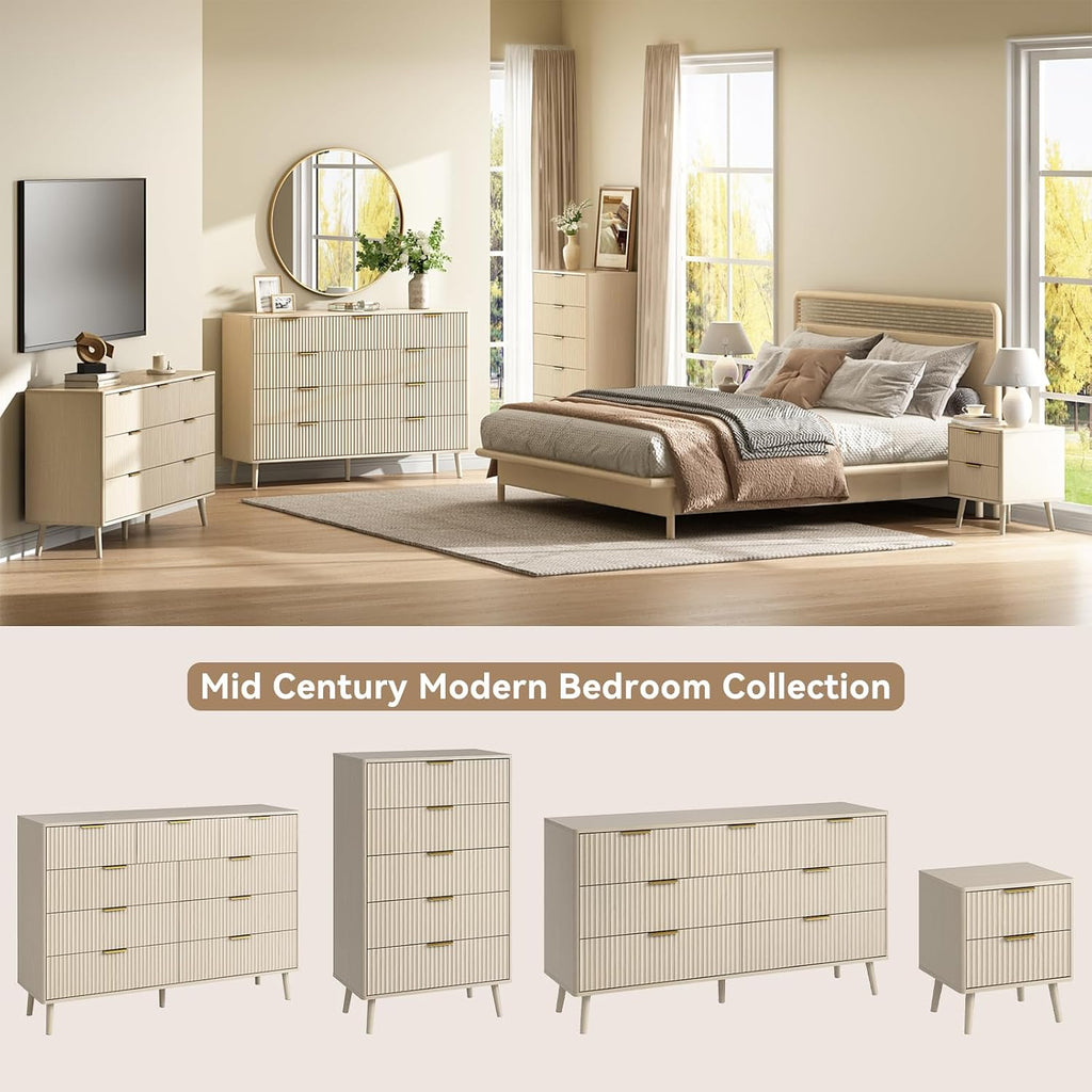 CARPETNAL Fluted Dresser and Nightstand Sets for Bedroom, 3 Pcs Bedroom Set, 7-Drawer Dresser & 2-Drawer Nightstand Set of 2, Modern Wood Chest of Drawers for Living Room, Entryway, Beige