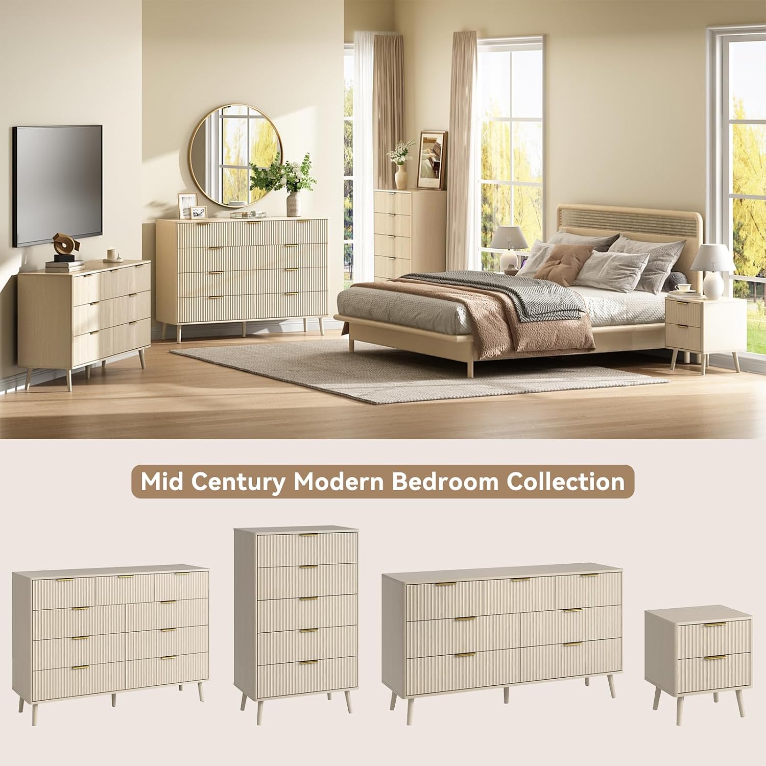 CARPETNAL Fluted Dresser and Nightstand Sets for Bedroom, 3 Pcs Bedroom Set, 7-Drawer Dresser & 2-Drawer Nightstand Set of 2, Modern Wood Chest of Drawers for Living Room, Entryway, Beige