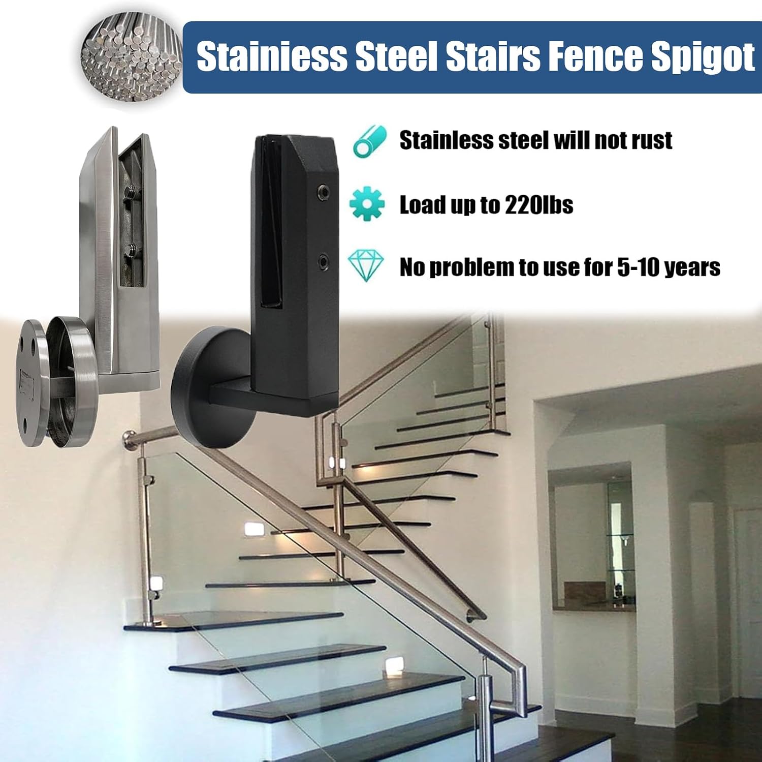 304 Stainless Steel Standoff Glass Clamp, Side-Mounted Spigot for 10-12.7mm (3/8' to 1/2') Thick Glass for Balcony, Garden Deck & Pool Fence Installation,Black,4 Pack