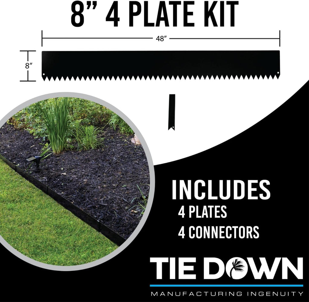Tie Down 48 inch x 8 inch Metal Landscape Edging Kit, 4 Steel Plates & 4 Steel Connectors - 16 Total Linear feet, for Garden Edging Border, Flowerbeds & Paver Edge, Enhance Landscaping & Flower Beds