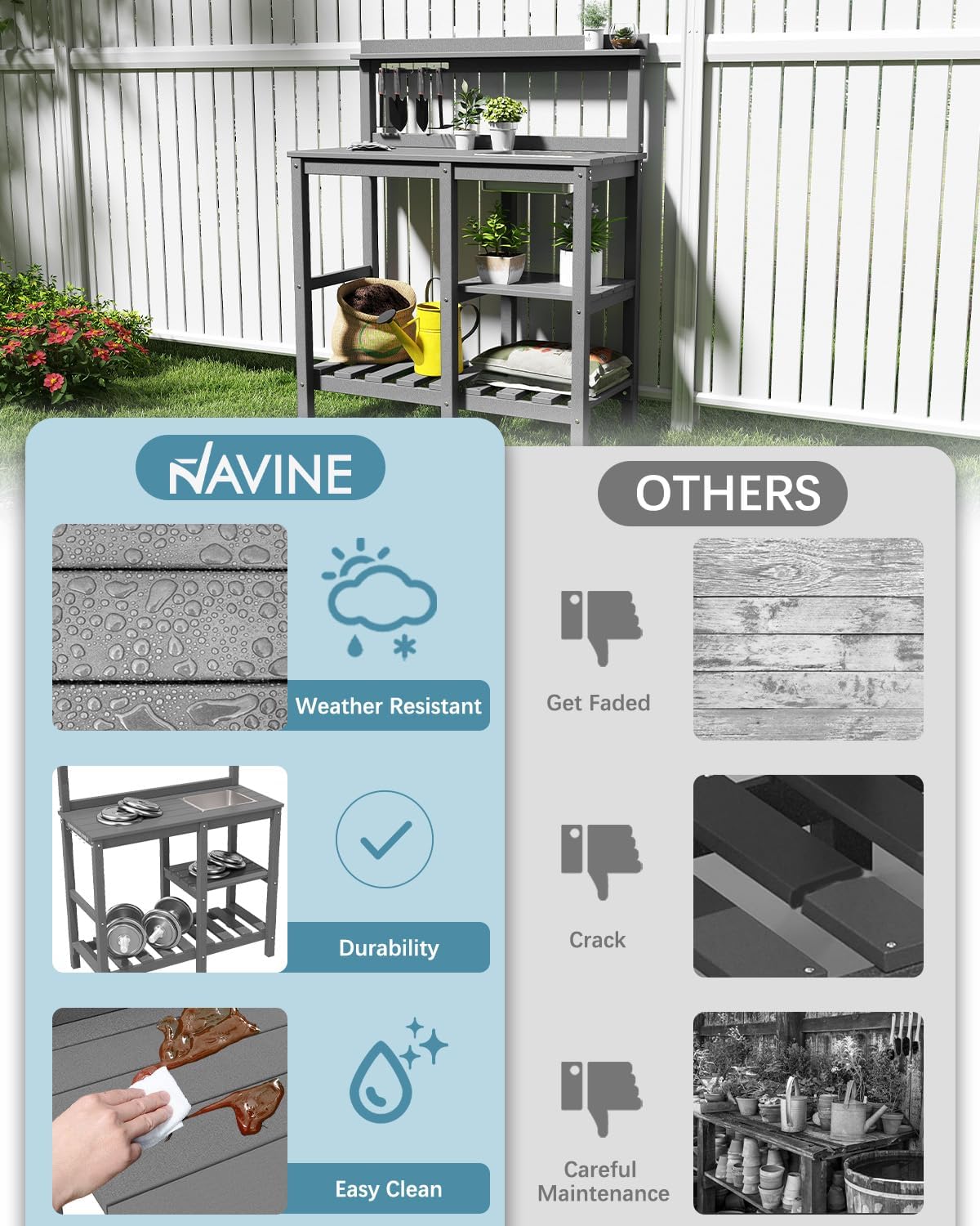 NAVINE Potting Bench, Outdoor Potting Bench with Sink, Hooks, HDPE All Weather Potting Table, Suitable for Patio, Porch, Garden, Yard, Grey