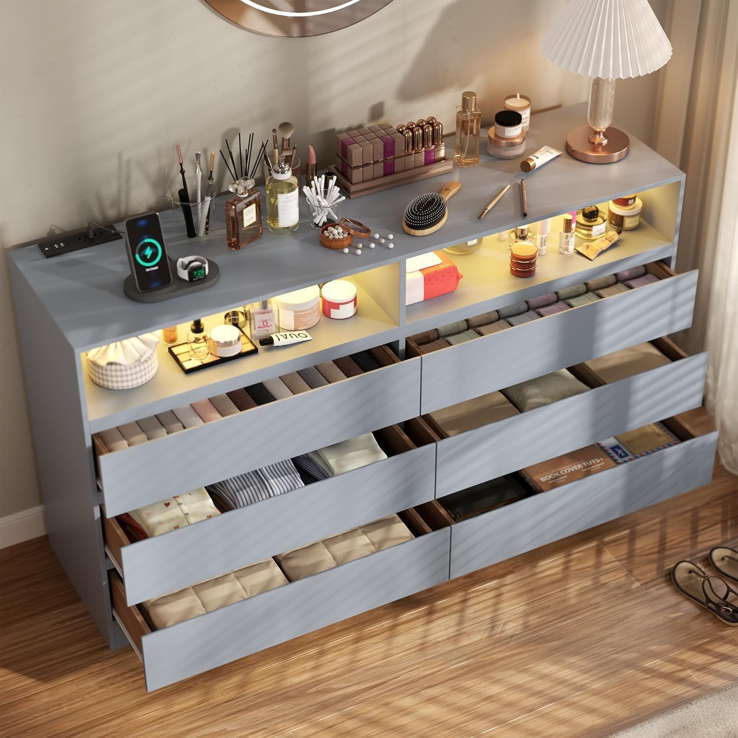 Gyfimoie 6 Drawer Dresser with Power Outlet, Modern Black Dresser Chest of Drawers with LED Ligh, Wooden Dressers TV Stand, Double Wide Dressers Organizer for Bedroom, Living Room, Entryway, Grey
