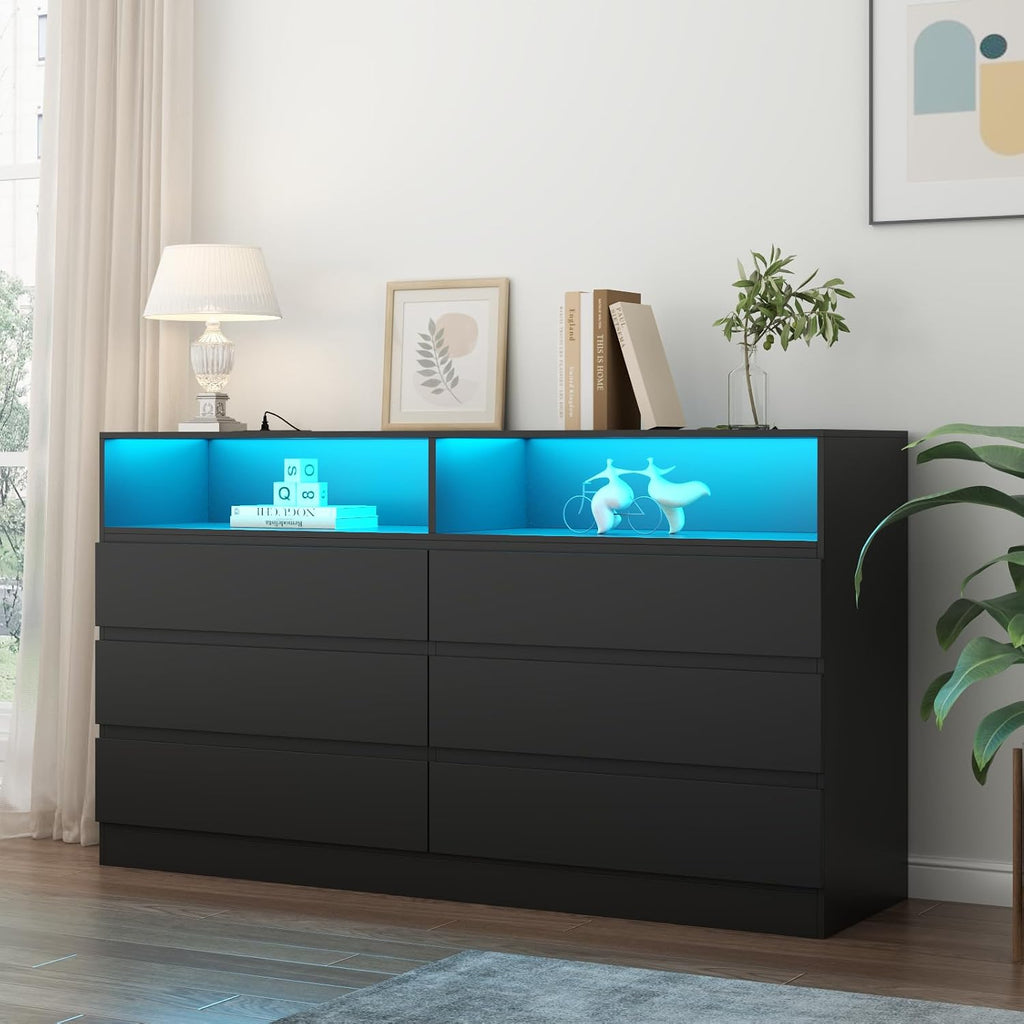Loomie 6 Drawer Dresser for Bedroom, Wide Chest of Drawers with Charging Station and LED Lights, Traditional Bedroom Furniture, Modern Storage Dresser TV Stand for Living Room (Black)