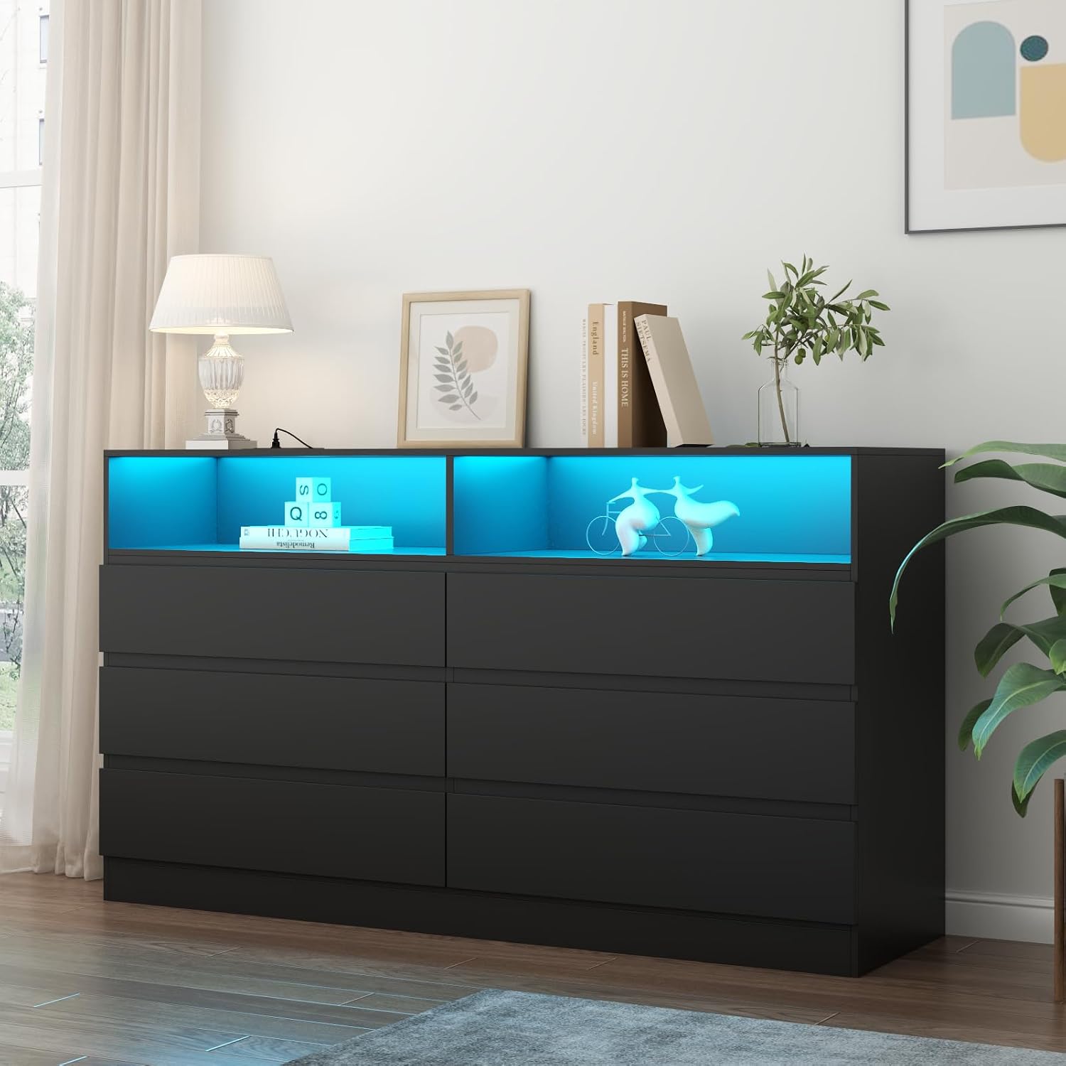 Loomie 6 Drawer Dresser for Bedroom, Wide Chest of Drawers with Charging Station and LED Lights, Traditional Bedroom Furniture, Modern Storage Dresser TV Stand for Living Room (Black)