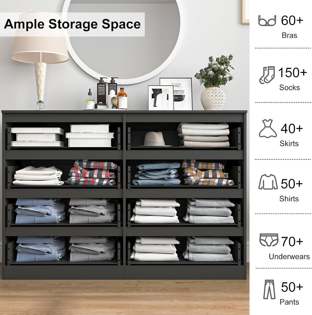 Vibe & Dine Double Dresser 8 Drawer, Modern Wooden Chest of Drawers with Wide Storage for Closet, Bedroom, Living Room, Black