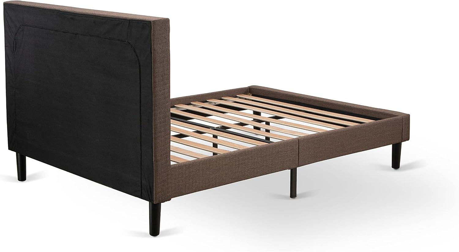 East West Furniture KDF-18-F Platform Full Bed Frame - Brown Linen Fabric Upholstered Bed Headboard with Button Tufted Trim Design - Black Legs