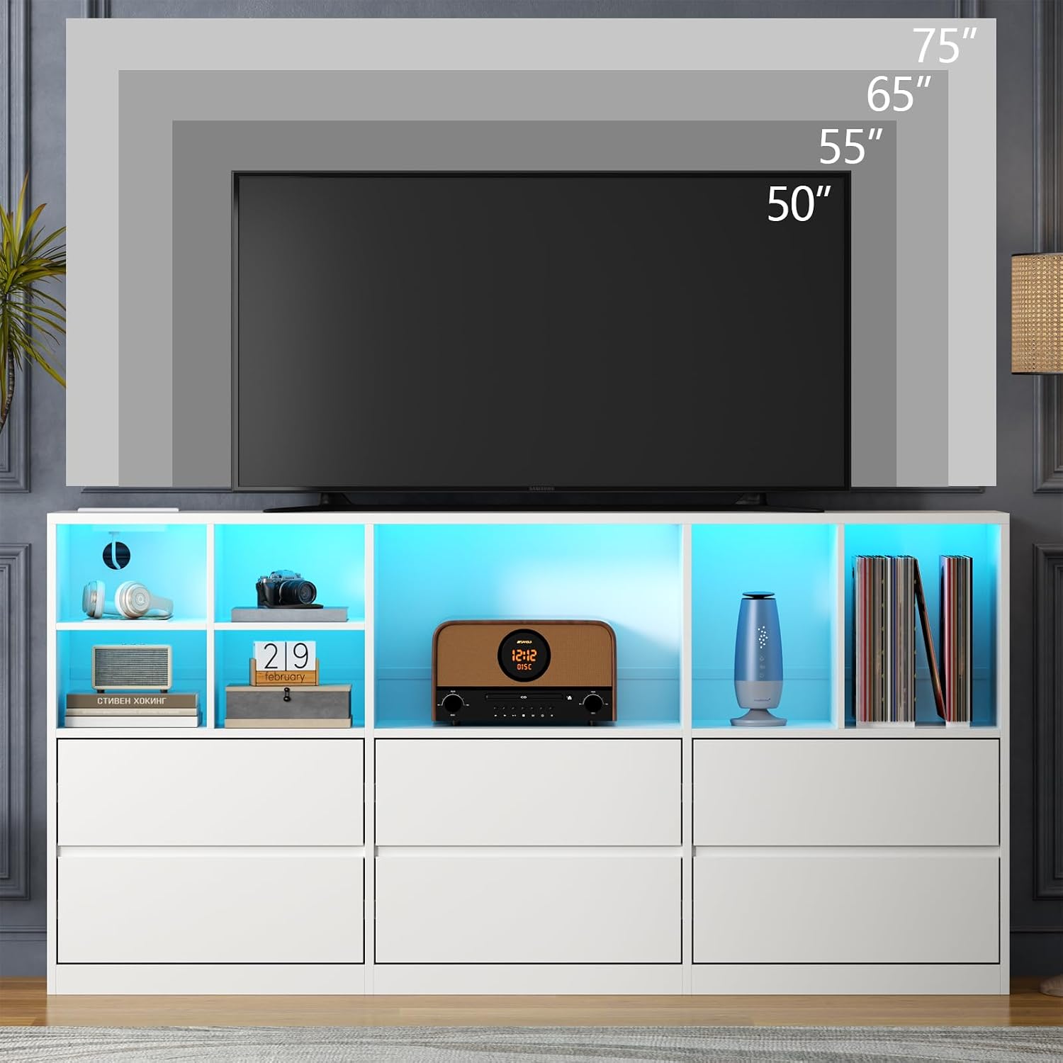 Gyfimoie White Dresser for Bedroom with 6 Drawers, Chest of Drawers with Led Lights&Charging Station, 63' Long Dresser with 7 Open Cubbies, Storage Drawers for Living Room, Closet, Hallway (White)