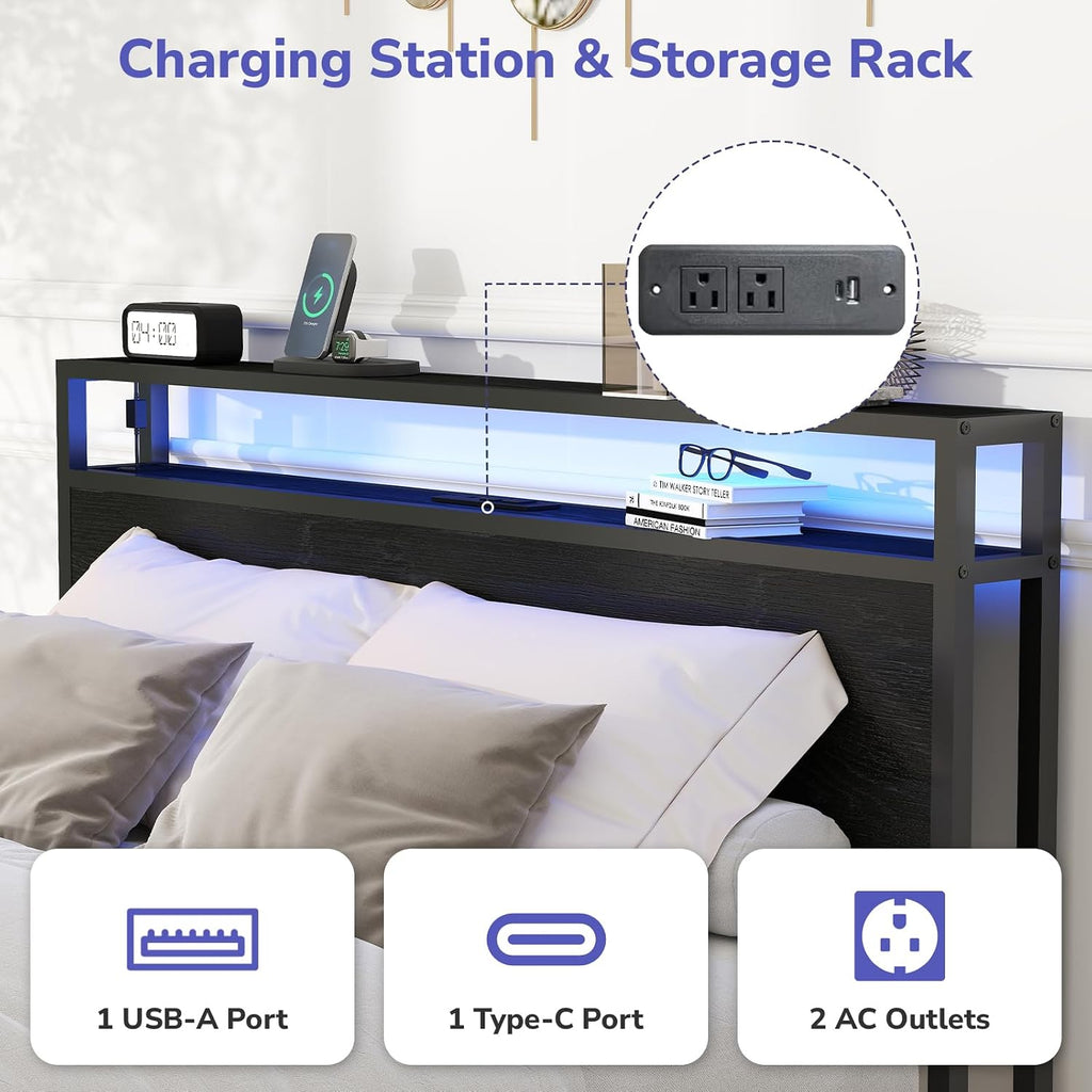 Zevemomo Full Bed Frame with 2 Storage Drawers, Bed Frame Full Size with Headboard, LED Light, Charging Station with 2 USB Ports & 2 AC Ports, Noiseless, Black