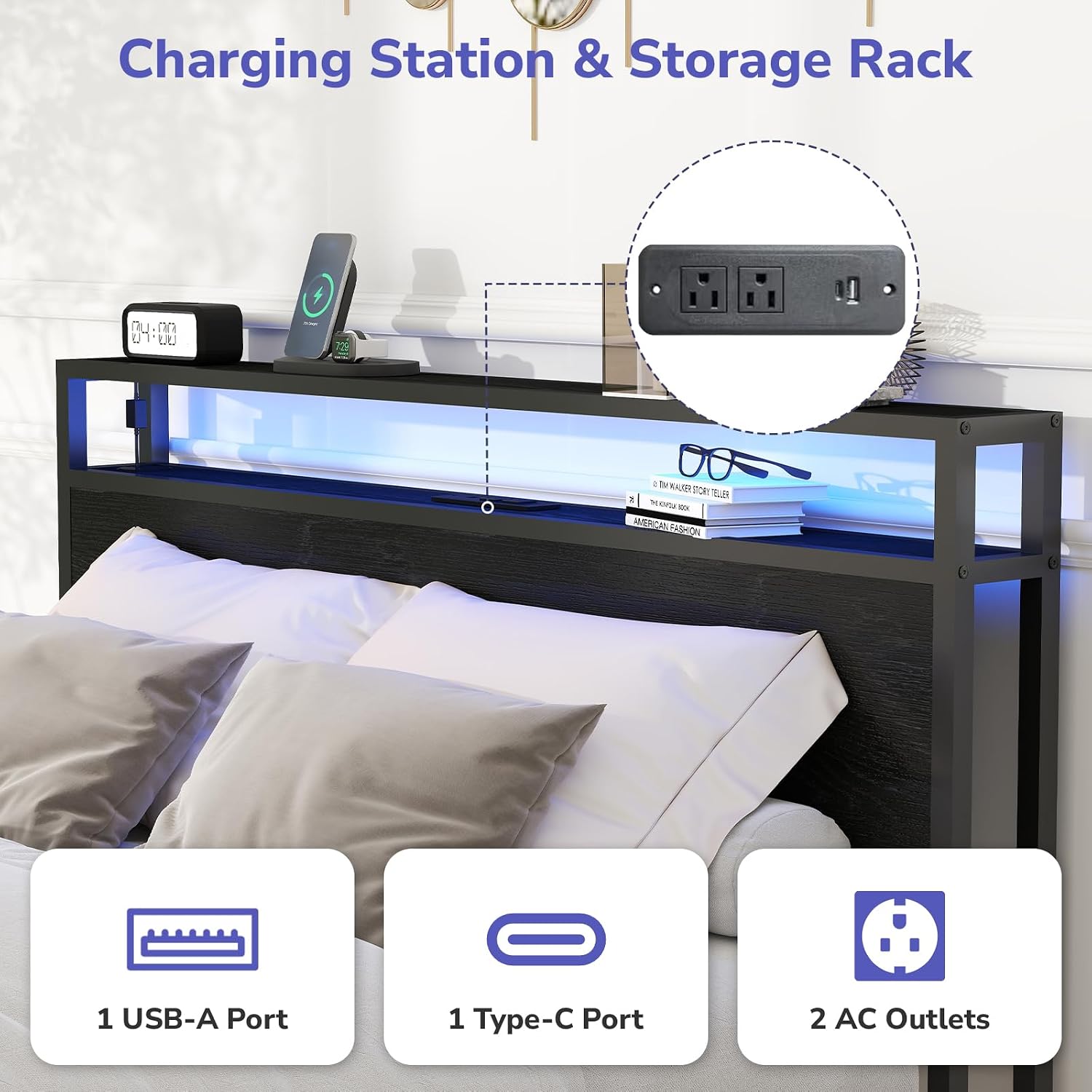 Zevemomo Full Bed Frame with 2 Storage Drawers, Bed Frame Full Size with Headboard, LED Light, Charging Station with 2 USB Ports & 2 AC Ports, Noiseless, Black