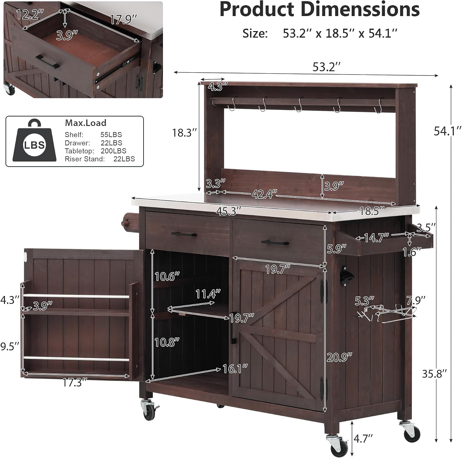54.1' Outdoor Kitchen Island with High Shelf, Large Potting Bench Table with Stainless Steel Top, Solid Wood Grill Cart with Lockable Wheels for BBQ, Garden (Brown-hs)