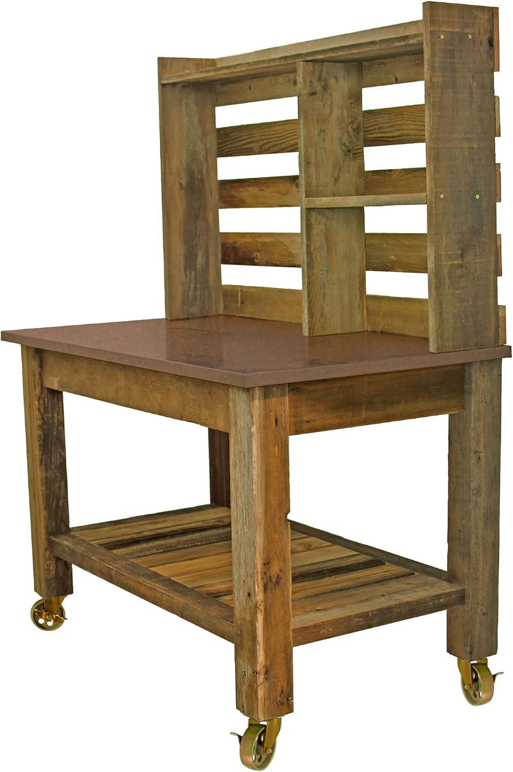 Copper Potting Table, Outdoor Garden Buffet Table and Patio Island, Gardening Workbench, Copper Table-Top with Black Iron Castors & Brakes (with Tool Hooks and Drawer Pulls, 5in Gold Casters)