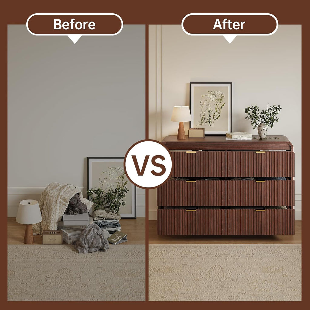 FURSUN Fluted 6 Drawers Dresser for Bedroom, 54' Wide Wooden Dresser with Metal Handle, Curved Profile Design, Modern Storage Organizer for Bedroom, Living Room, Hallway, Dark Walnut