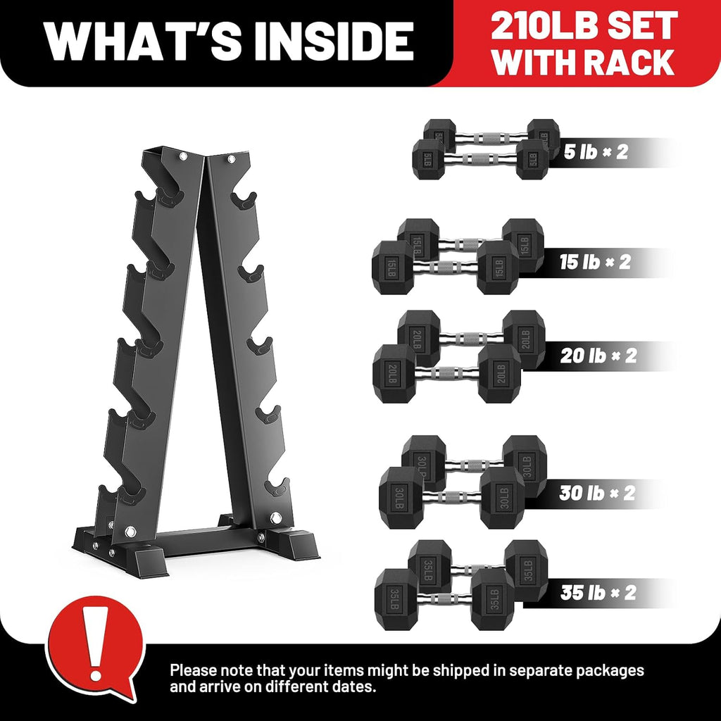 PAPABABE Hex Dumbbell Set with Rack, 85-560lb Rubber Encased Dumbbell Free Weights Dumbbells Set with Storage Rack, Hand Weights Set for Strength Training