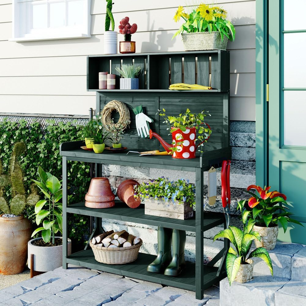 Rustic Wooden Garden Potting Bench with Storage Shelves and Side Hook for Outdoor Patio Workstation and Planting Tasks (Green + Solid Wood + Wood-1)