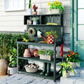 Rustic Wooden Garden Potting Bench with Storage Shelves and Side Hook for Outdoor Patio Workstation and Planting Tasks (Green + Solid Wood + Wood-1)