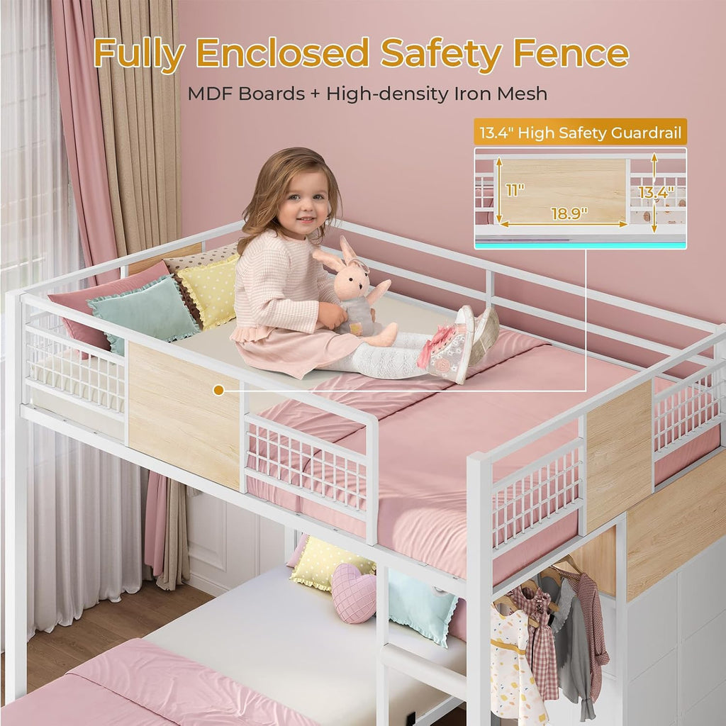 ADORNEVE Full Over Twin Bunk Bed with 8 Storage Drawers, Metal Loft Bed with Led Lights & Storage Shelves, Bunk Beds Twin over Full Size with 13.4' H Safety Guardrail & Ladder, for Kids & Teens, White