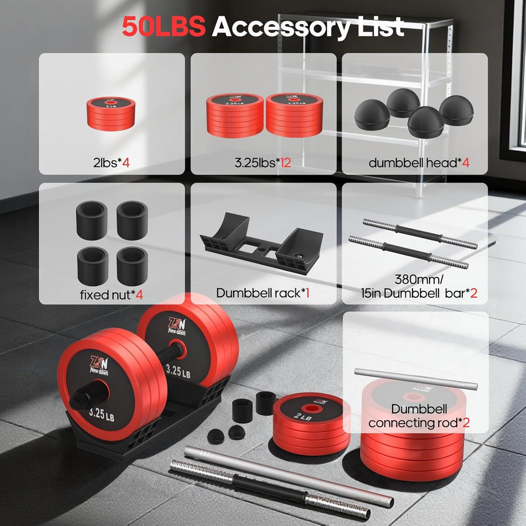 Adjustable Dumbbell Set，20/30/50/70/90lbs Free weight set with Carbon Steel,rack，Barbell Free weights set with Connector,Workout Equipment for Home Gym Suitable Men/Women