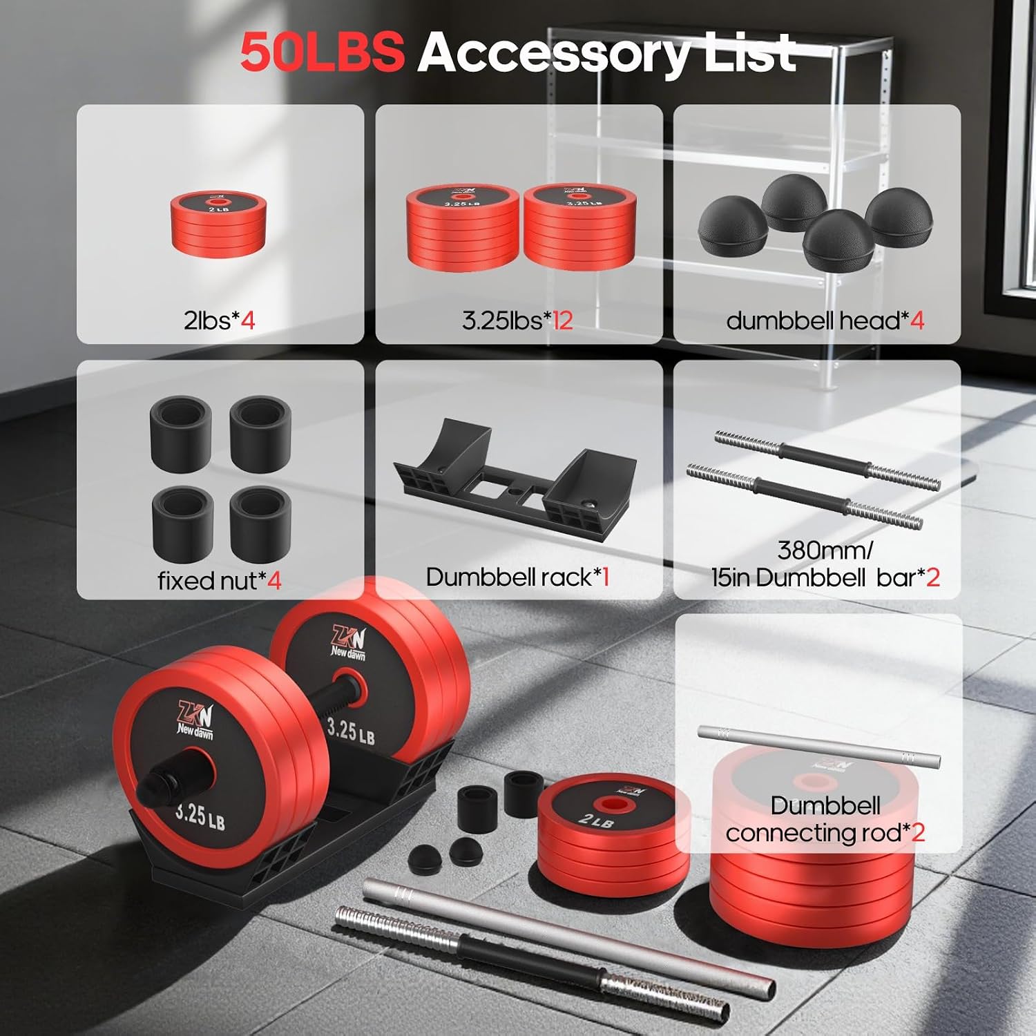 Adjustable Dumbbell Set，20/30/50/70/90lbs Free weight set with Carbon Steel,rack，Barbell Free weights set with Connector,Workout Equipment for Home Gym Suitable Men/Women