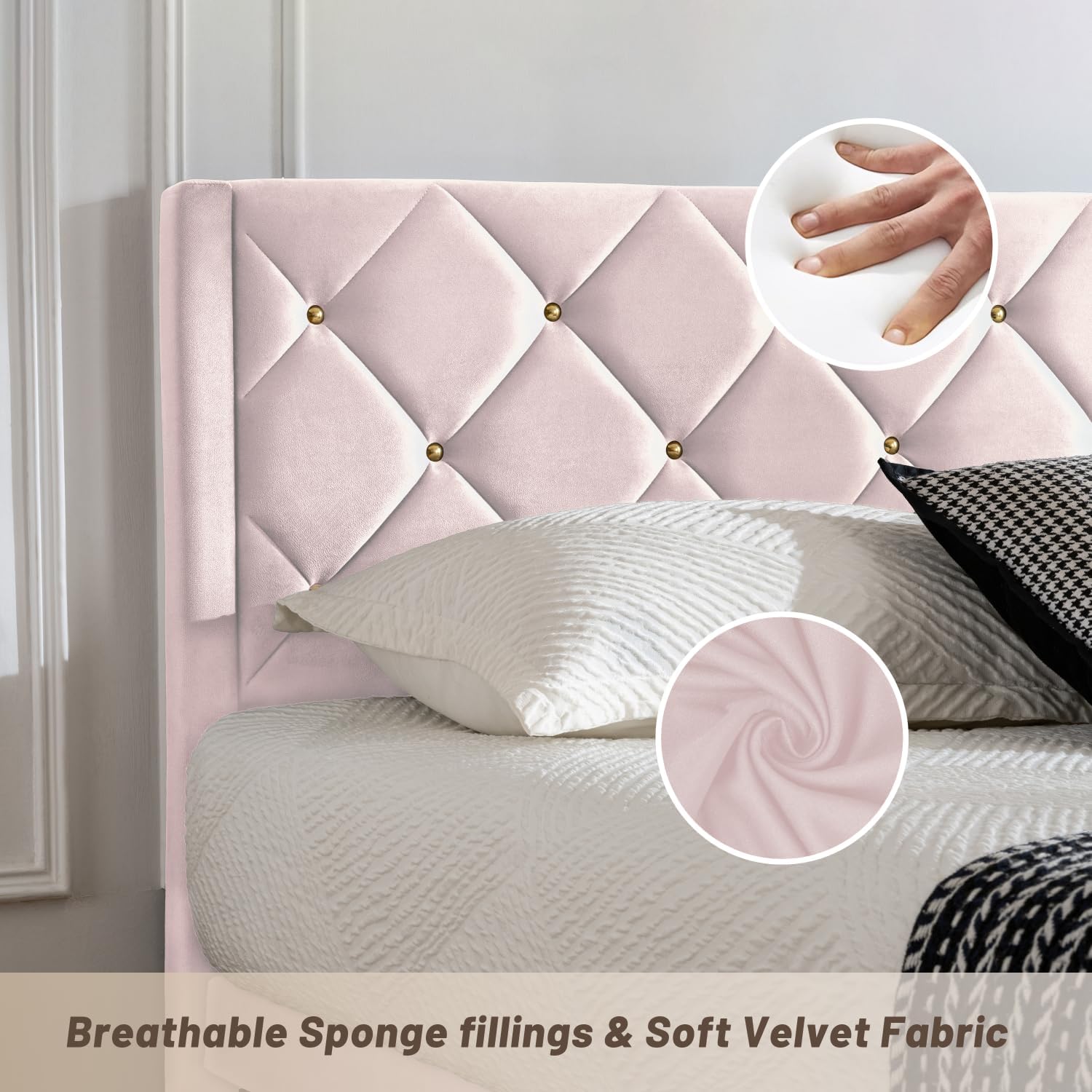Queen Size Platform Bed Frame with Velvet Headboard, Sturdy Wooden Slats Support, Mattress Foundation, No Box Spring Required, Non-Slip and Noise-Free, Easy Assembly, Pink