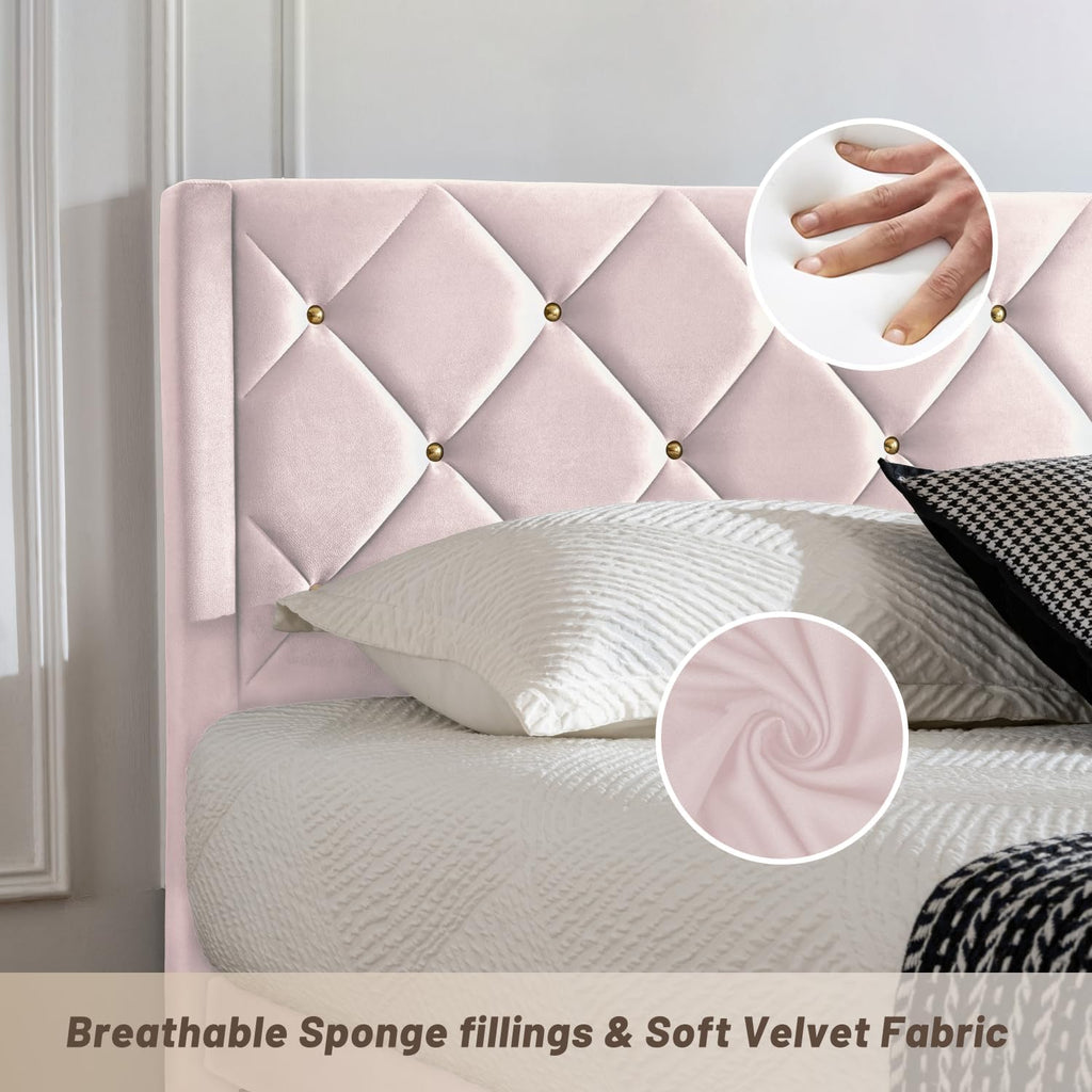Full Size Platform Bed Frame with Velvet Headboard, Sturdy Wooden Slats Support, Mattress Foundation, No Box Spring Required, Non-Slip and Noise-Free,Easy Assembly, Pink