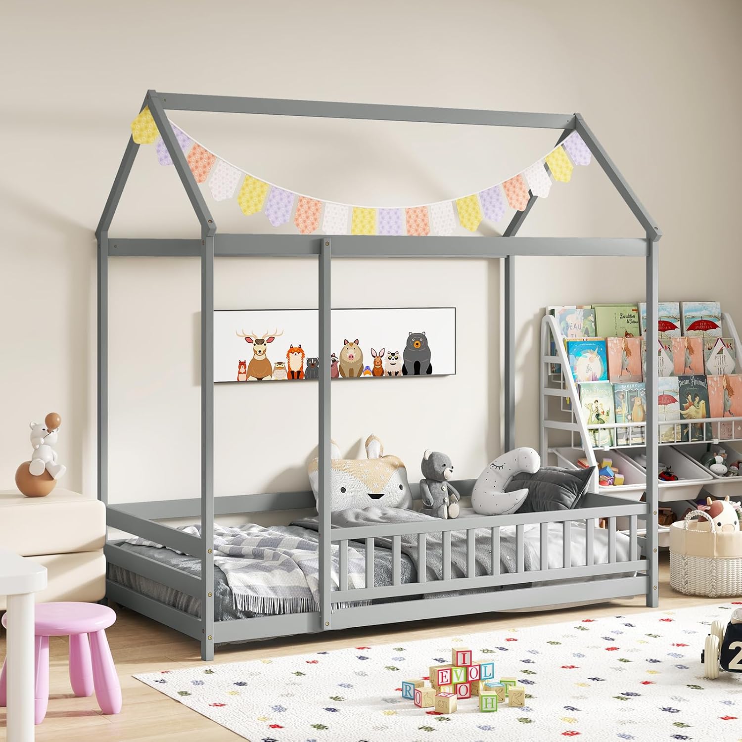KOMFOTT Twin Size Floor House Bed, Wooden Montessori Bed with Roof & Full-Length Safety Guardrail, Floor Playhouse Bed Frame for Kids, Girls, Boys (Grey)
