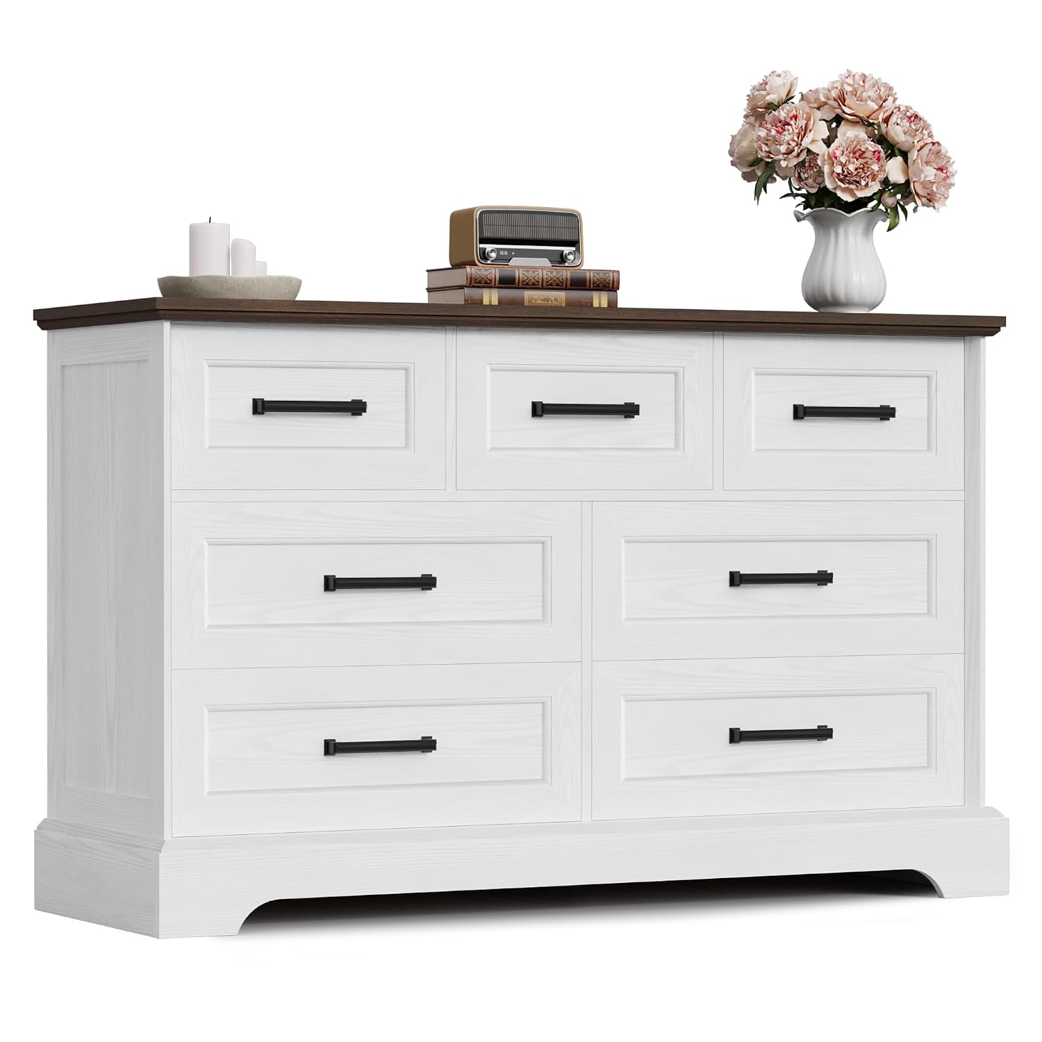 Furmax Farmhouse Dresser for Bedroom, 7 Drawers Dresser, Wood Chest of Drawers, 47.5' Wide Storage Dressers Organizer for Bedroom, Living Room, White and Brown