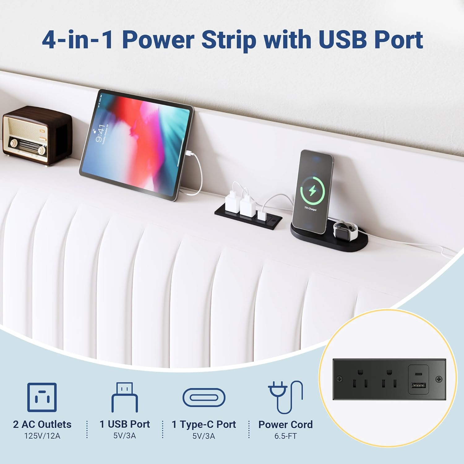 Allewie Queen Size Platform Bed Frame with USB Charging Station and Storage Shelf/Upholstered Velvet Wingback Headboard/Wooden Slats Support/No Box Spring Needed/Easy Assembly, White