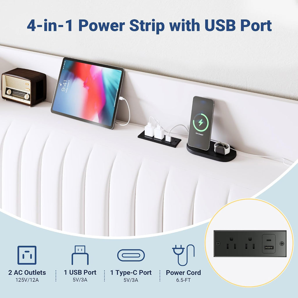 Allewie Full Size Platform Bed Frame with USB Charging Station and Storage Shelf/Upholstered Velvet Wingback Headboard/Wooden Slats Support/No Box Spring Needed/Easy Assembly, White