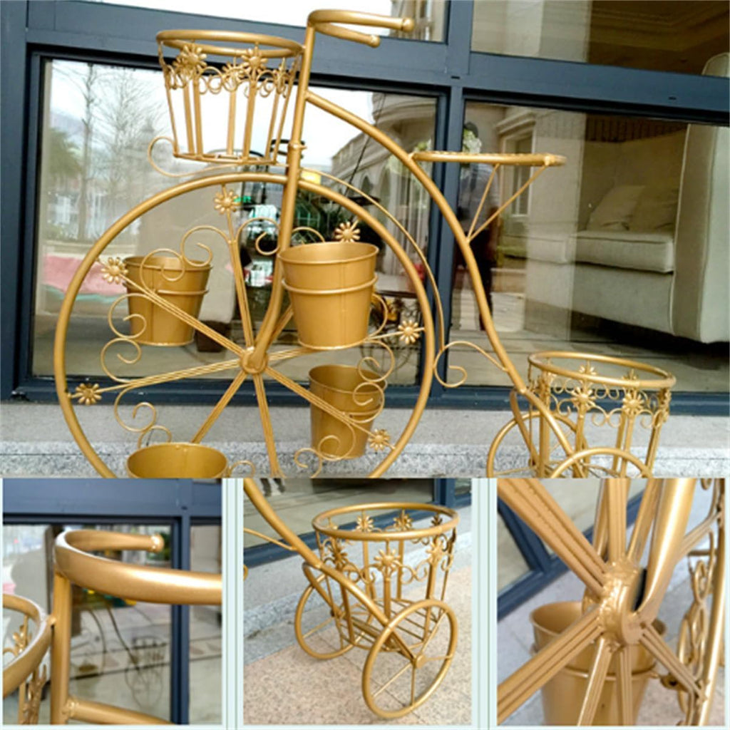 Moveable Plant Shelf for Indoor Outdoor,Heavy Duty Metal Multiple Plant Rack Holder,Creative European Style Bicycle Iron Flower Stand,Outdoor Garden Potting Bench Table,for Patio, Balcony,Gold