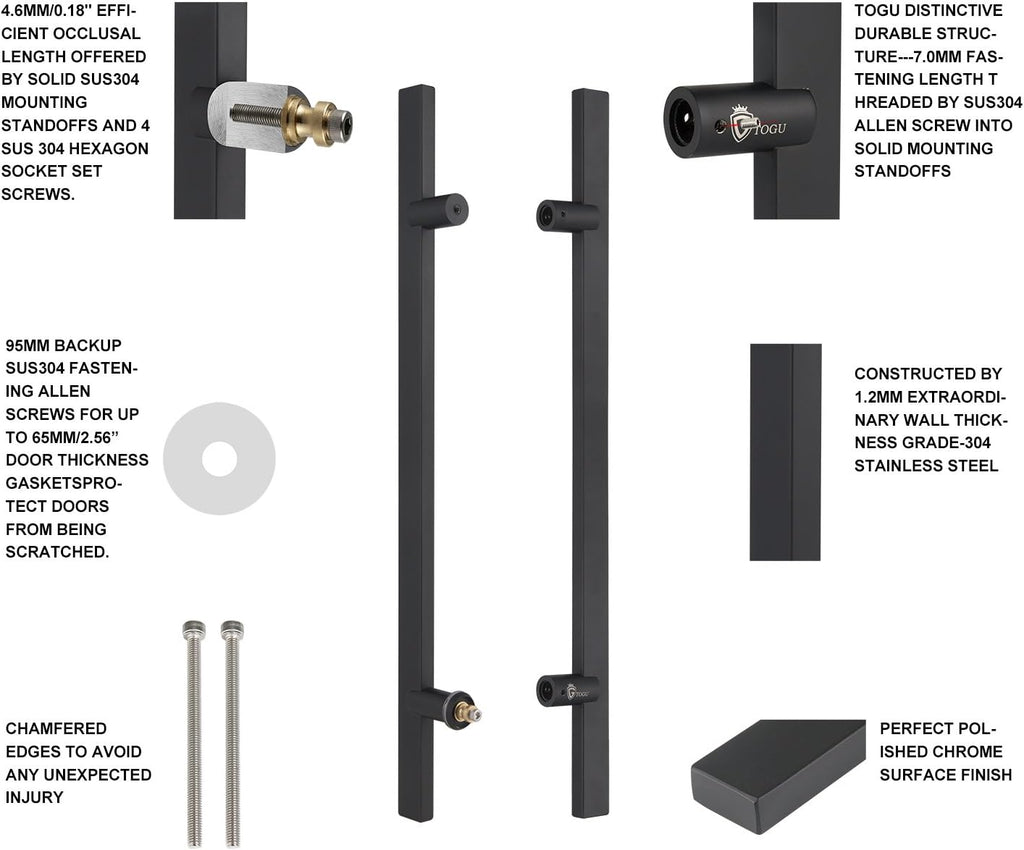 TOGU TG-6017 71 inches Solid Standoffs Heavy-Duty Commercial Grade-304 Stainless Steel Push Pull Door Handle/Barn Door Pull Handle/Glass Pulls, Matte Black Finish