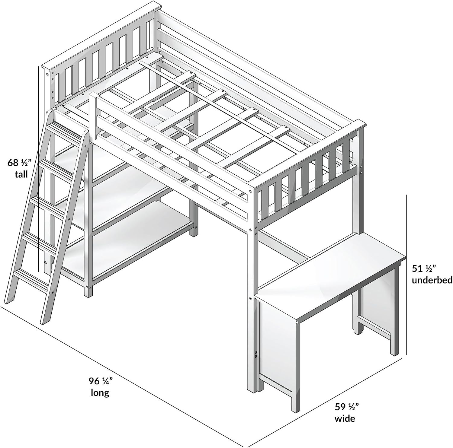 Max & Lily High Loft Bed, Twin Bed Frame for Kids With Bookcase and Desk, Clay
