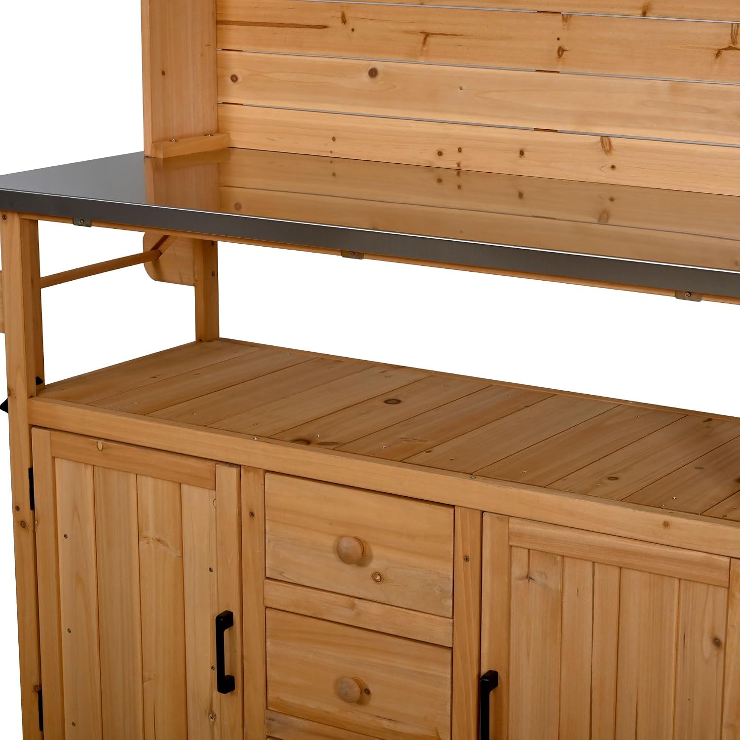 Potting Benches for Outside with Stainless Steel Top, 65''H Fir Wood Potting Bench with Storage, Outdoor Gardening Table (Natural)