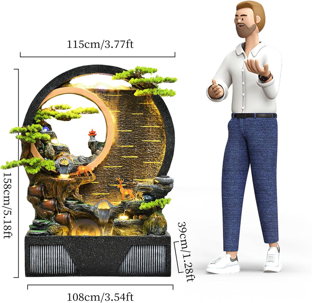 Indoor Outdoor Resin Fountain with LED Light Ring – Round Landscape Waterfall Feature with Pump, Bonsai & Gourd Decor – 6.07ft Tall Large Decorative Water Sculpture(B Small)