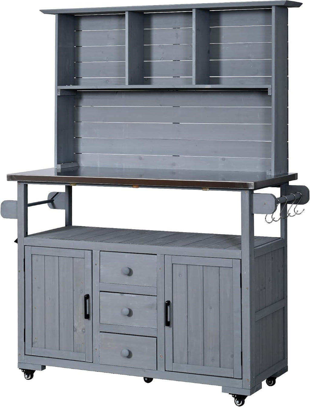 65' H Outdoor Potting Bench Table with Stainless Steel Top, Rolling Garden Potting Table with 3 Drawers and Hutch, Outdoor Kitchen Island on Wheels with Door Shelves for Grilling, Gray