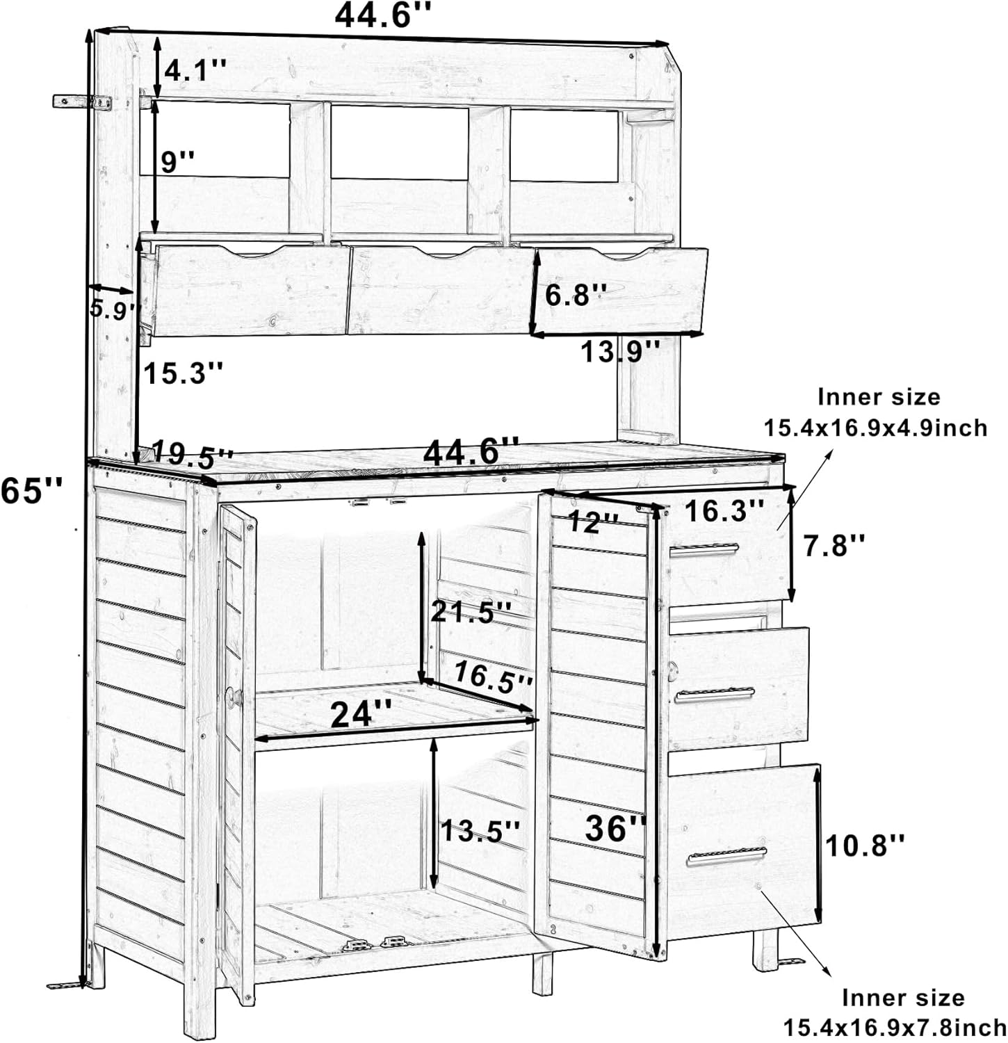 Roomfitters Garden Potting Bench with Storage Hutch, Outdoor Potting Table with 6 Drawers and Cabinets, Shelves, Gray