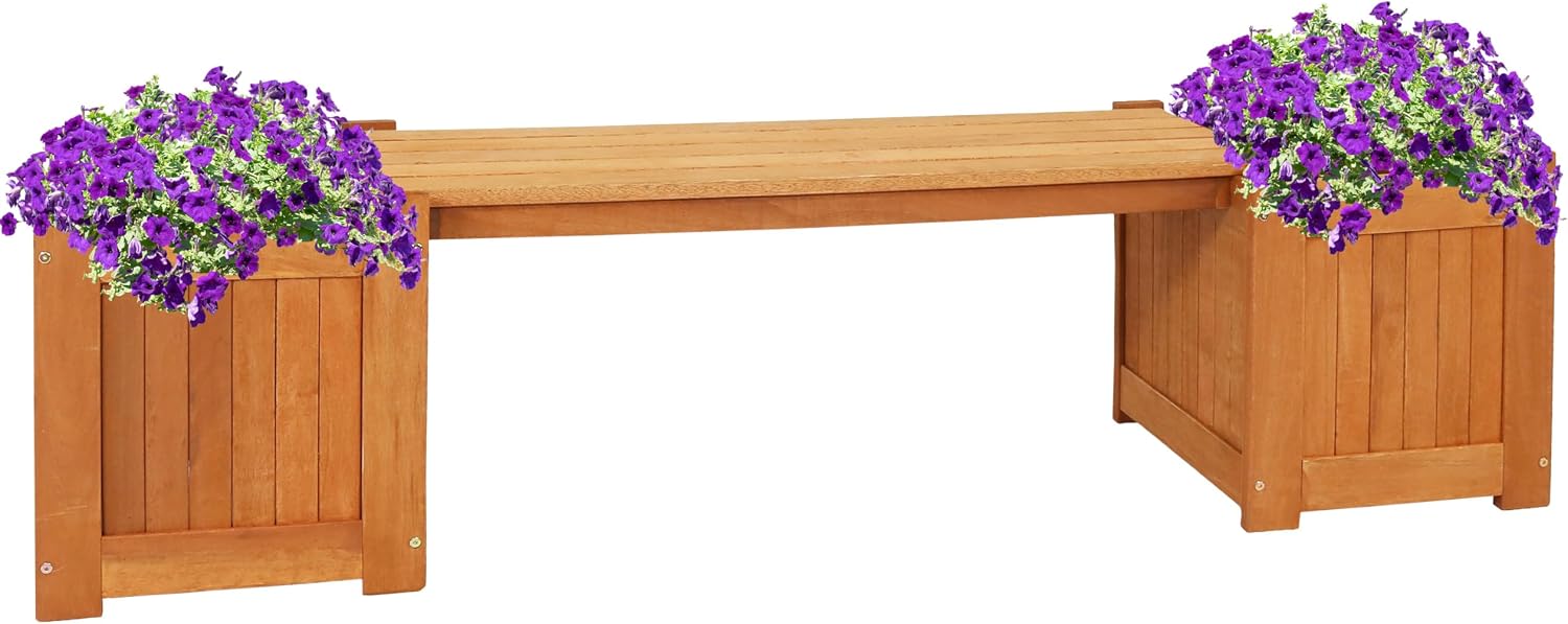 Sunnydaze 68-Inch Meranti Wood Outdoor Planter Box Bench with Teak Oil Finish