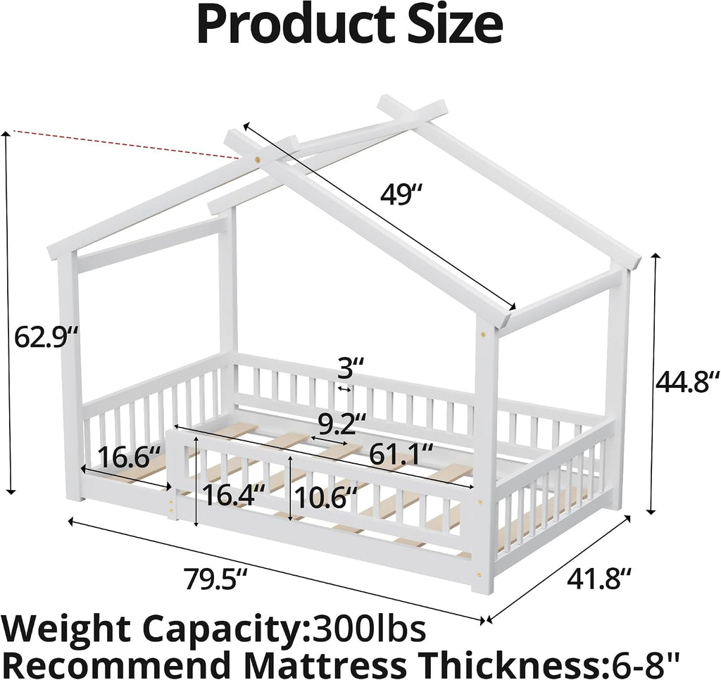 LLS Twin House Bed with Fence, Wooden Montessori Bed with Slats Support, Floor Bed Frame for Boys Girls Bedroom, White