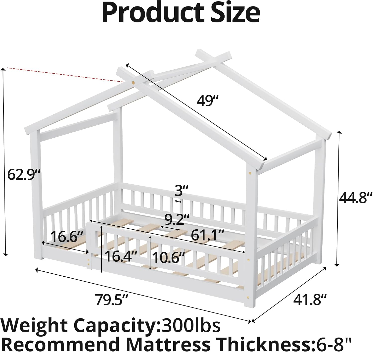 LLS Twin House Bed with Fence, Wooden Montessori Bed with Slats Support, Floor Bed Frame for Boys Girls Bedroom, White