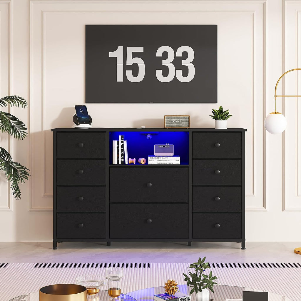 Dresser for Bedroom with 10 Drawers, Black Storage Organizer TV Stand for 55' TV with LED Lights and Sockets, Fabric Chest of Drawers with PU Finish for Closets, Entryway, Living Room, Hallway