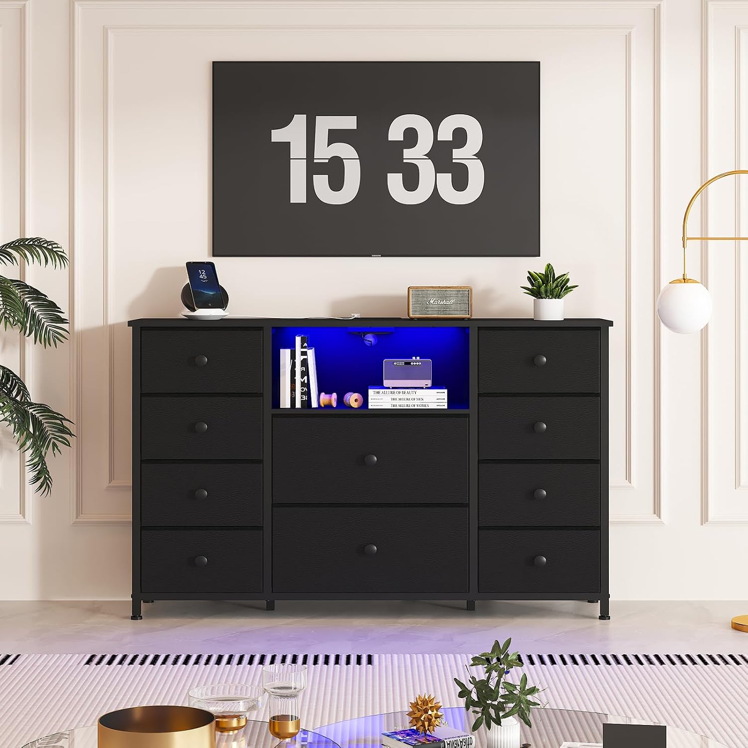 Dresser for Bedroom with 10 Drawers, Black Storage Organizer TV Stand for 55' TV with LED Lights and Sockets, Fabric Chest of Drawers with PU Finish for Closets, Entryway, Living Room, Hallway