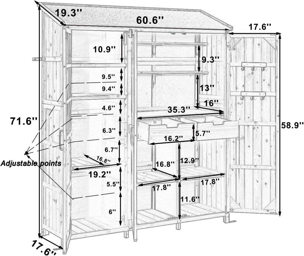 Outdoor Garden Storage Shed with Waterproof Roof, Farmhouse Potting Bench Table with 3 Doors Cabinets, 7 Storage Shelves, 2 Drawers, and 6 Hooks,Natural