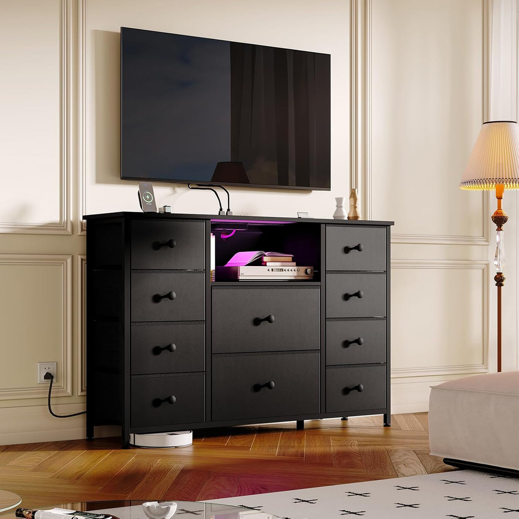 Dresser for Bedroom with 10 Drawers, Black Storage Organizer TV Stand for 55' TV with LED Lights and Sockets, Fabric Chest of Drawers with PU Finish for Closets, Entryway, Living Room, Hallway