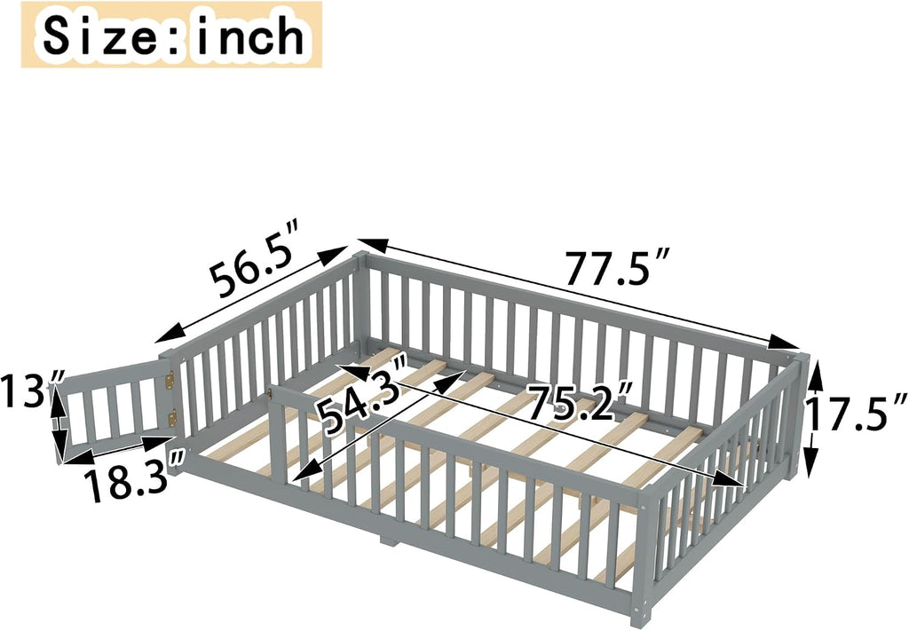 Full Size Floor Bed with Door and Fence for Kids, Montessori Floor Bed with Slats and Safety Guardrails,Solid Wood Floor Bed Frame Full Size for Girls Boys(Full,Gray)