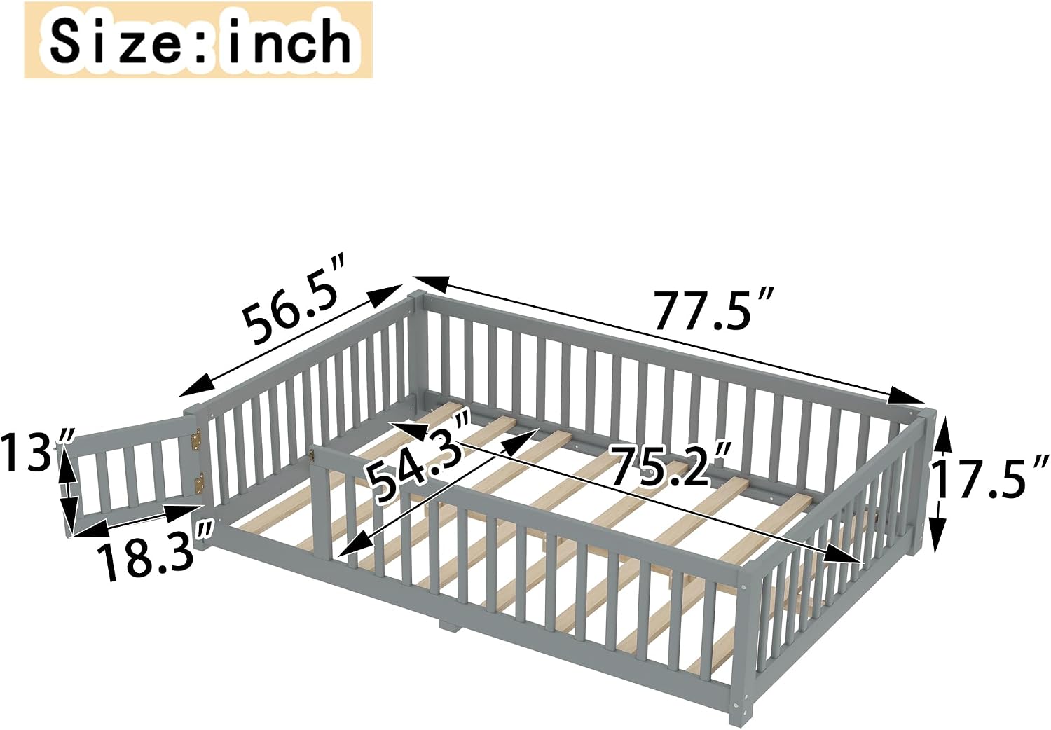 Full Size Floor Bed with Door and Fence for Kids, Montessori Floor Bed with Slats and Safety Guardrails,Solid Wood Floor Bed Frame Full Size for Girls Boys(Full,Gray)